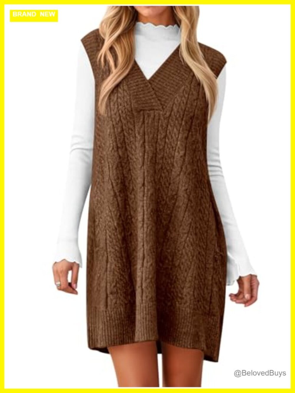 Sleeveless Cable Knit Sweater Vest Dress Oversized Loose Fit V-Neck